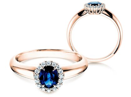 Verlobungsring Windsor in 9K Roségold mit Saphir 0,60ct und Diamanten 0,12ct