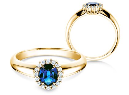 Verlobungsring Windsor in 18K Gelbgold mit Saphir 0,60ct und Diamanten 0,12ct