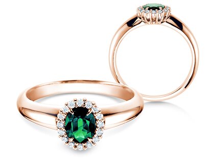 Verlobungsring Windsor in 9K Roségold mit Smaragd 0,60ct und Diamanten 0,12ct