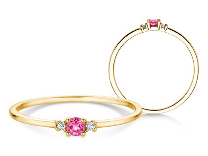 Geburtsstein-Ring Vivid Petite Oktober in 14K Gelbgold mit Pinker Turmalin 0,09ct und Diamanten 0,02ct