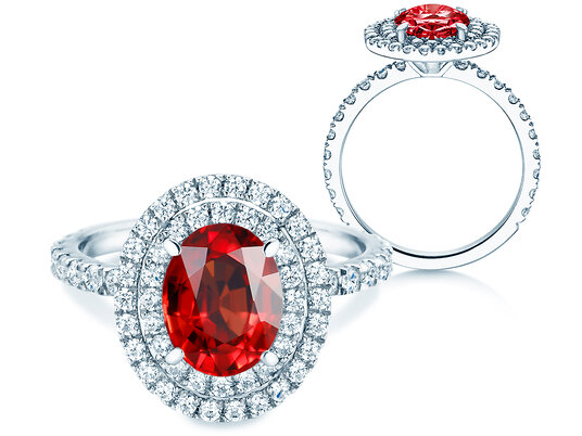 Verlobungsring Double Halo in 9K Weißgold mit Rubin 2,50ct und Diamanten 0,80ct