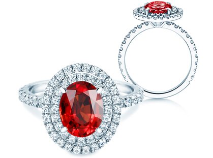Verlobungsring Double Halo in 14K Weißgold mit Rubin 0,60ct und Diamanten 0,35ct