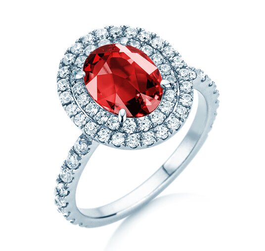 Verlobungsring Double Halo in 9K Weißgold mit Rubin 0,60ct und Diamanten 0,35ct