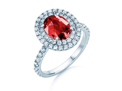 Verlobungsring Double Halo in 9K Weißgold mit Rubin 2,50ct und Diamanten 0,80ct
