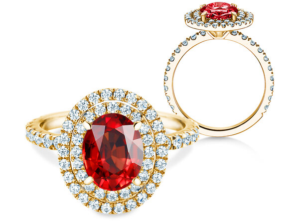 Verlobungsring Double Halo in 9K Gelbgold mit Rubin 2,50ct und Diamanten 0,80ct