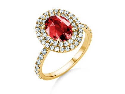 Verlobungsring Double Halo in 9K Gelbgold mit Rubin 2,50ct und Diamanten 0,80ct