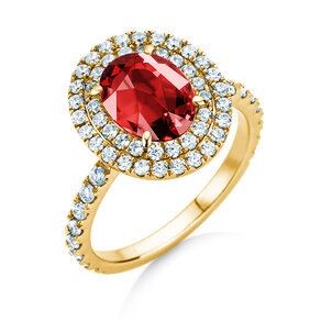 Verlobungsring Double Halo in 9K Gelbgold mit Rubin 2,50ct und Diamanten 0,80ct