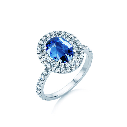 Verlobungsring Double Halo in Platin 950/- mit Smaragd 0,60ct und Diamanten 0,35ct