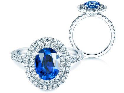Verlobungsring Double Halo in 14K Weißgold mit Saphir 1,00ct und Diamanten 0,58ct