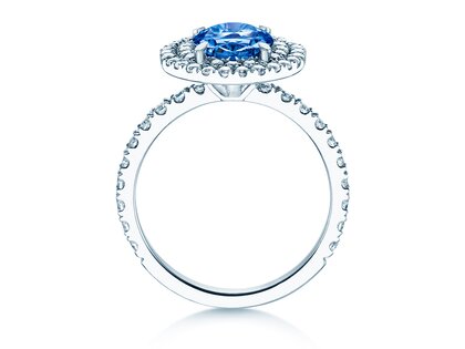 Verlobungsring Double Halo in 14K Weißgold mit Saphir 1,00ct und Diamanten 0,58ct