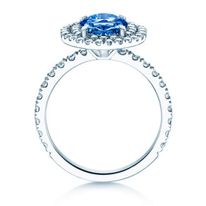 Verlobungsring Double Halo in 14K Weißgold mit Saphir 1,00ct und Diamanten 0,58ct