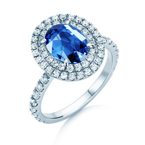 Verlobungsring Double Halo in 14K Weißgold mit Saphir 1,00ct und Diamanten 0,58ct