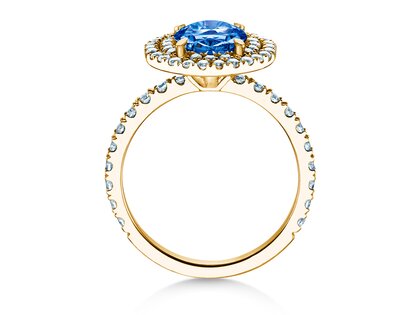 Verlobungsring Double Halo in 14K Gelbgold mit Saphir 1,00ct und Diamanten 0,58ct