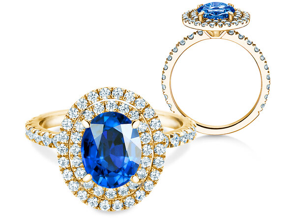 Verlobungsring Double Halo in 14K Gelbgold mit Saphir 1,00ct und Diamanten 0,58ct