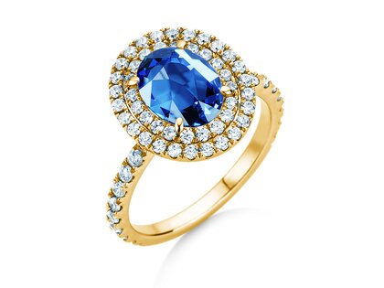 Verlobungsring Double Halo in 14K Gelbgold mit Saphir 1,00ct und Diamanten 0,58ct