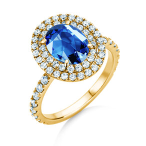 Verlobungsring Double Halo in 14K Gelbgold mit Saphir 1,00ct und Diamanten 0,58ct