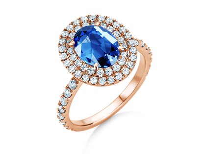 Verlobungsring Double Halo in 14K Roségold mit Saphir 1,00ct und Diamanten 0,58ct
