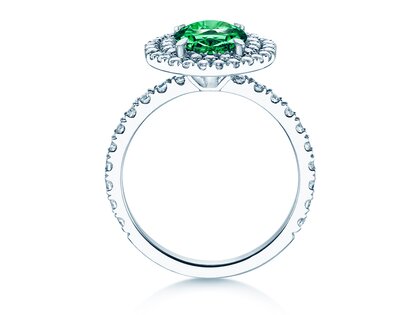 Verlobungsring Double Halo in 9K Weißgold mit Smaragd 0,60ct und Diamanten 0,35ct