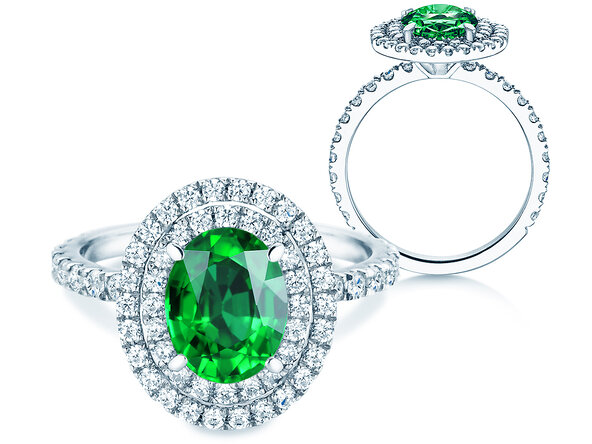 Verlobungsring Double Halo in 9K Weißgold mit Smaragd 0,60ct und Diamanten 0,35ct