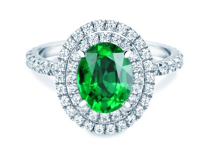 Verlobungsring Double Halo in 9K Weißgold mit Smaragd 0,60ct und Diamanten 0,35ct