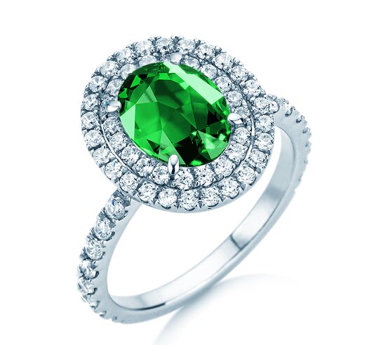 Verlobungsring Double Halo in 9K Weißgold mit Smaragd 0,60ct und Diamanten 0,35ct