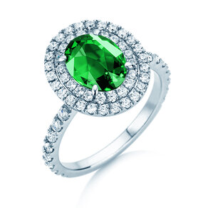 Verlobungsring Double Halo in 9K Weißgold mit Smaragd 0,60ct und Diamanten 0,35ct