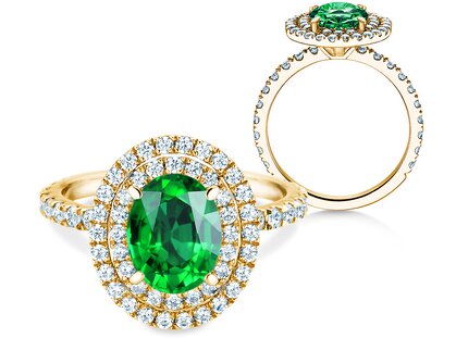 Verlobungsring Double Halo in 14K Gelbgold mit Smaragd 0,60ct und Diamanten 0,35ct
