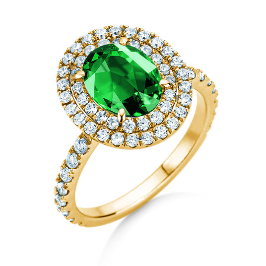 Verlobungsring Double Halo in 9K Gelbgold mit Smaragd 0,60ct und Diamanten 0,35ct