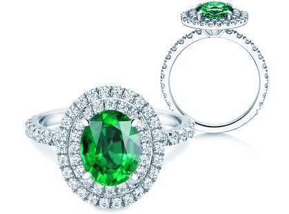 Verlobungsring Double Halo in 14K Weißgold mit Smaragd 0,60ct und Diamanten 0,44ct