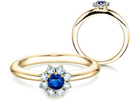 Verlobungsring Lovely in 18K Gelbgold mit Saphir 0,10ct und Diamanten 0,15ct