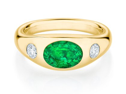 Ring Three-Stone Signet in 14K Gelbgold mit Smaragd 1,35ct und natürliche Diamanten 0,30ct