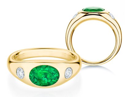 Ring Three-Stone Signet in 14K Gelbgold mit Smaragd 1,35ct und natürliche Diamanten 0,30ct