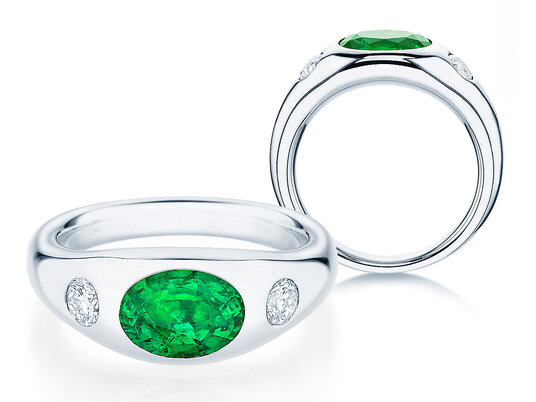 Ring Three-Stone Signet in 9K Weißgold mit Smaragd 1,35ct und natürliche Diamanten 0,30ct