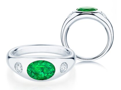 Ring Three-Stone Signet in 9K Weißgold mit Smaragd 1,35ct und natürliche Diamanten 0,30ct