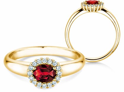 Verlobungsring Windsor Cross in 18K Gelbgold mit Rubin 0,60ct und Diamanten 0,12ct