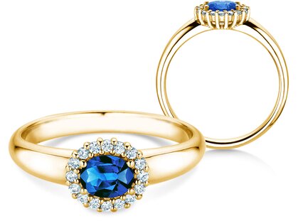 Verlobungsring Windsor Cross in 14K Gelbgold mit Saphir 0,60ct und Diamanten 0,12ct