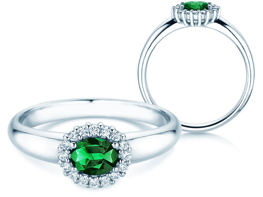 Verlobungsring Windsor Cross in 9K Weißgold mit Smaragd 0,60ct und Diamanten 0,12ct