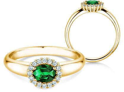 Verlobungsring Windsor Cross in 18K Gelbgold mit Smaragd 0,60ct und Diamanten 0,12ct