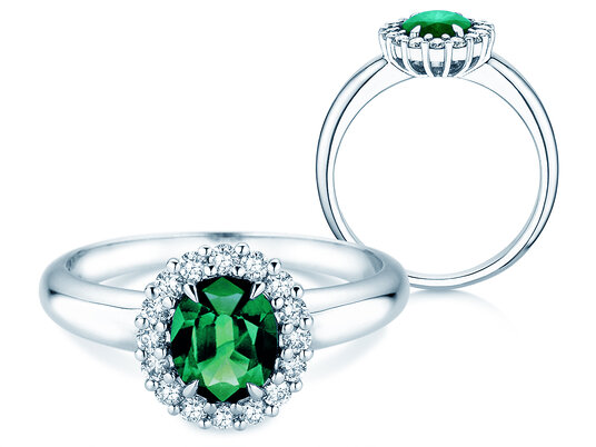 Verlobungsring Windsor Royal in 9K Weißgold mit Smaragd 1,20ct und Diamanten 0,28ct