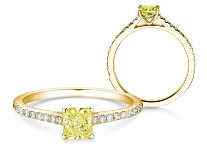 Verlobungsring Fancy Yellow Cushion Pavé in 14K Gelbgold mit Diamanten 0,77ct G/SI