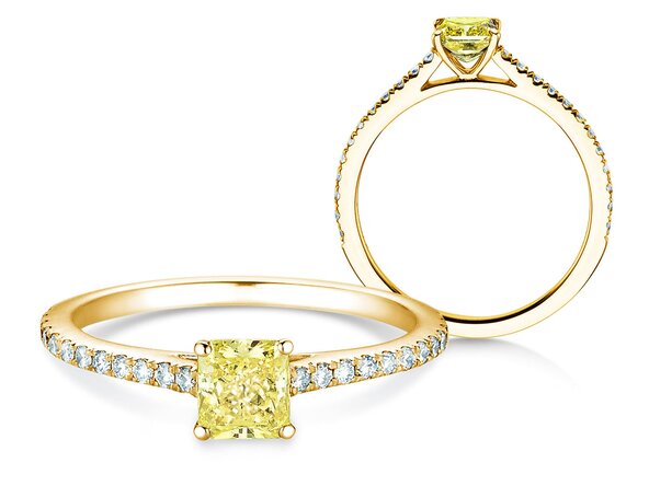 Verlobungsring Fancy Yellow Cushion Pavé in 14K Gelbgold mit Diamanten 0,77ct G/SI