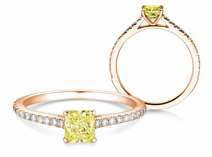 Verlobungsring Fancy Yellow Cushion Pavé in 14K Roségold mit Diamanten 0,77ct G/SI