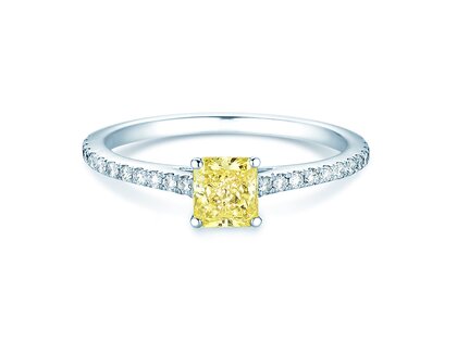 Verlobungsring Fancy Yellow Cushion Pavé in 14K Weißgold mit Diamanten 0,77ct G/SI