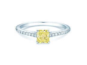 Verlobungsring Fancy Yellow Cushion Pavé in 14K Weißgold mit Diamanten 0,77ct G/SI