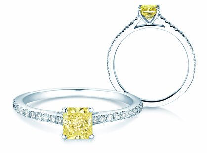 Verlobungsring Fancy Yellow Cushion Pavé in Platin 950/- mit Diamanten 0,77ct G/SI