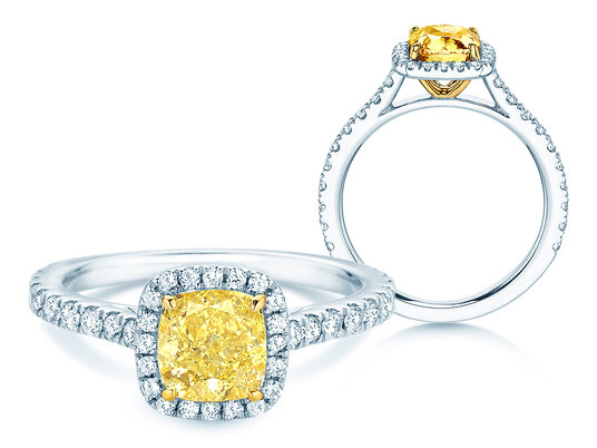 Verlobungsring Fancy Yellow Halo Cushion Pavé in 9K Weißgold mit Diamanten 1,81ct G/SI