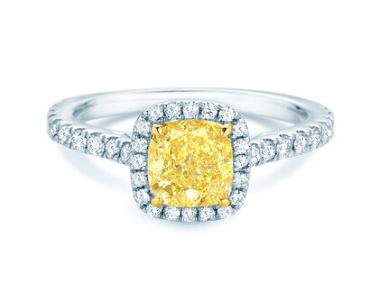 Verlobungsring Fancy Yellow Halo Cushion Pavé in 9K Weißgold mit Diamanten 1,81ct G/SI