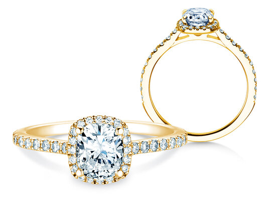 Verlobungsring Halo Cushion Pavé in 9K Gelbgold mit Labordiamanten 1,30ct E/VS