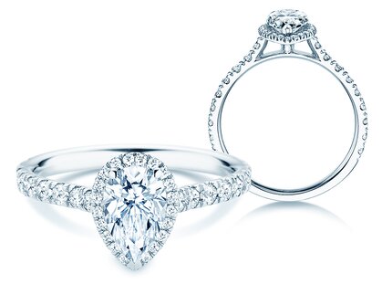 Verlobungsring Pear Halo Pavé in 9K Weißgold mit Diamanten 0,58ct G/SI