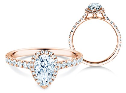 Verlobungsring Pear Halo Pavé in 9K Roségold mit Diamanten 0,88ct G/SI
